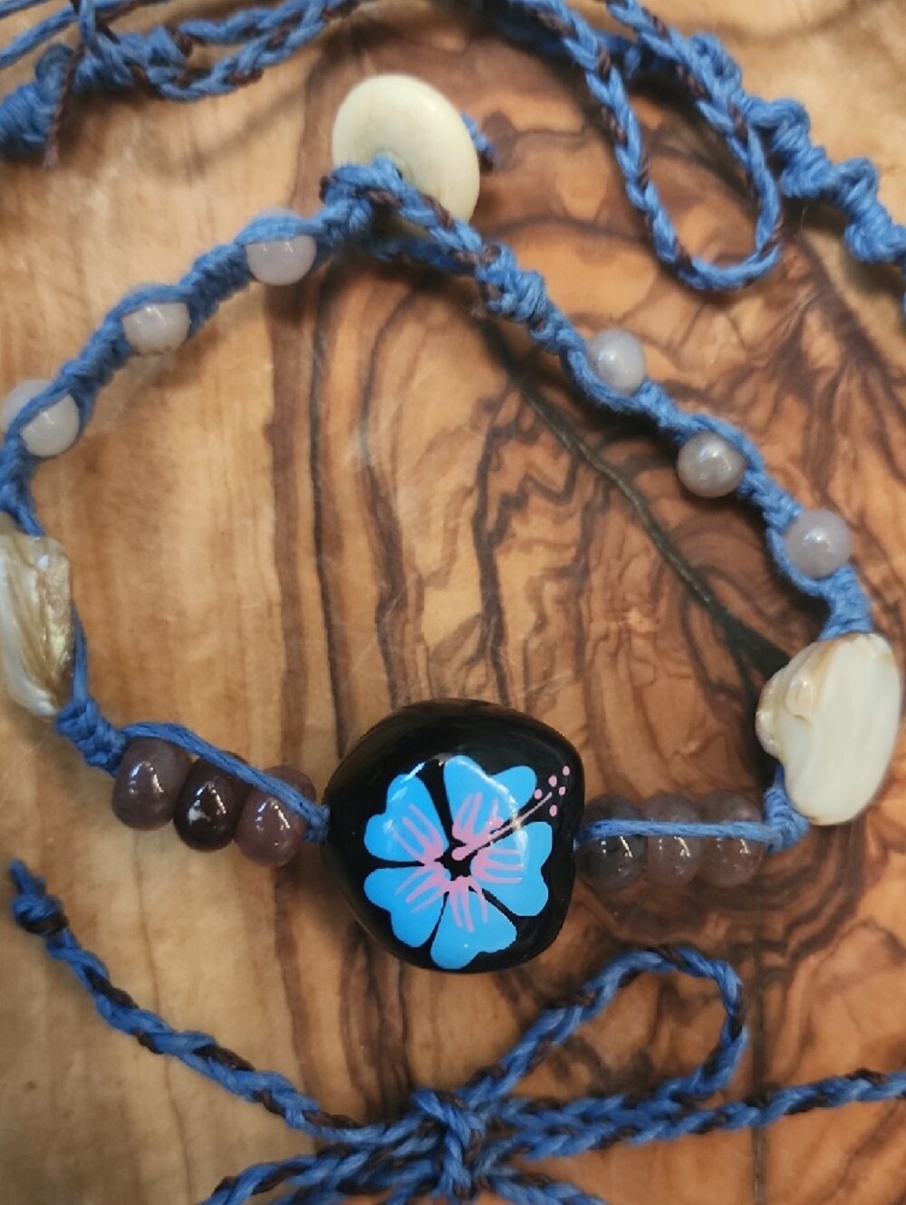 (Set Of 3) Handmade Blue Flower Pendant Necklace, Bracelet, Anklet Set. - Picture 2 of 13